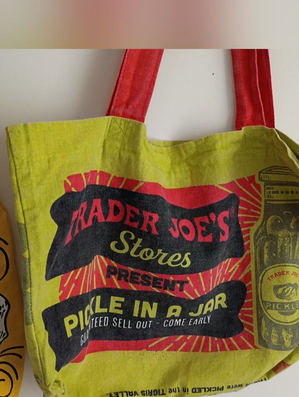 2 Trader Joe Reusable Canvas Bags Breakfast Waffle Toast Milk & Pickle Jar READ - Picture 6 of 8